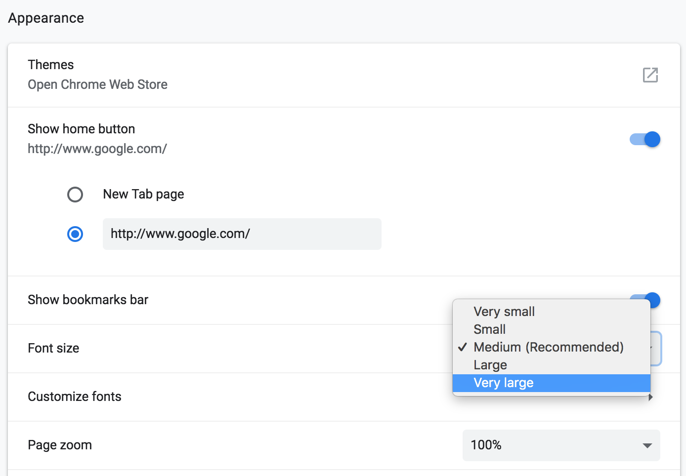 Chrome settings change font size