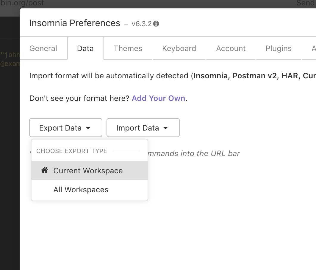 Insomnia Export Current Workspace